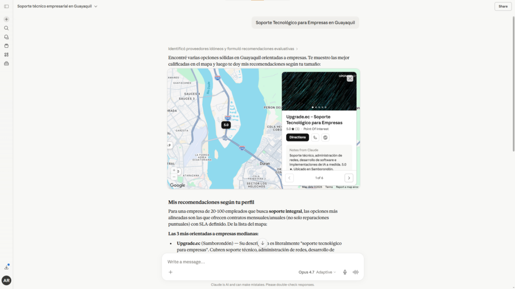 Claude respondiendo "soporte técnico en Guayaquil" con el mapa de Google